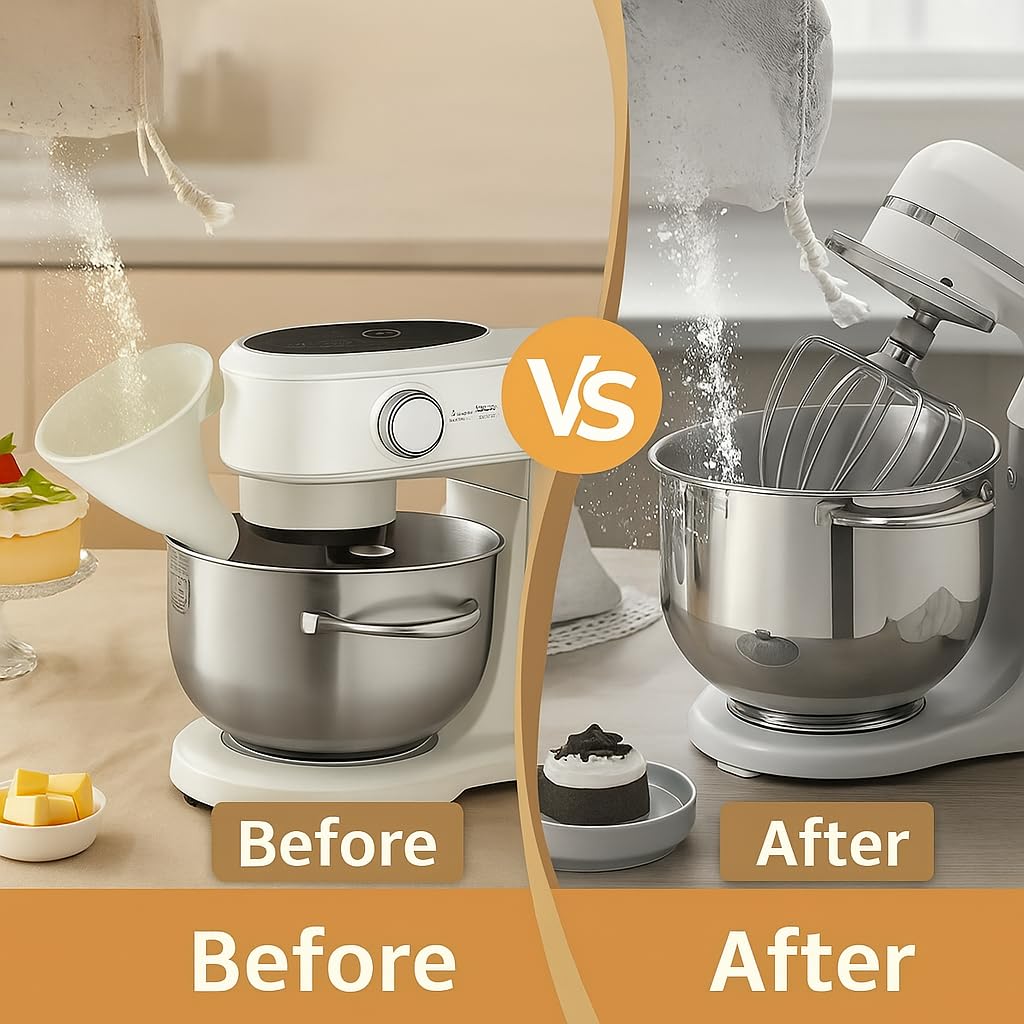 Generic flour funnel enables hands-free operation to speed up baking prep.