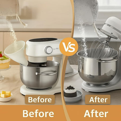 Generic flour funnel enables hands-free operation to speed up baking prep.
