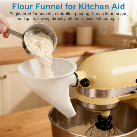 Funnel handles liquids such as milk and eggs for controlled pouring.