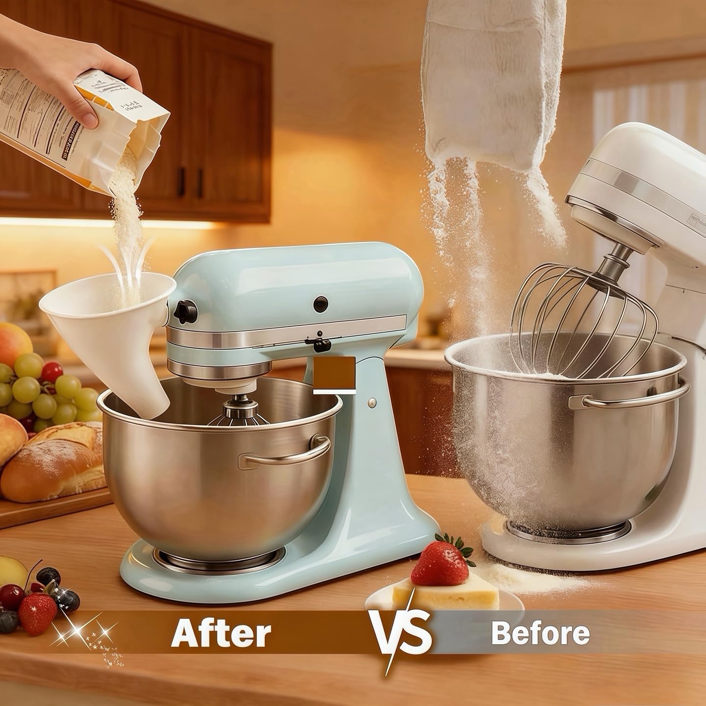 KSM150-compatible funnel designed to prevent mess during mixing.