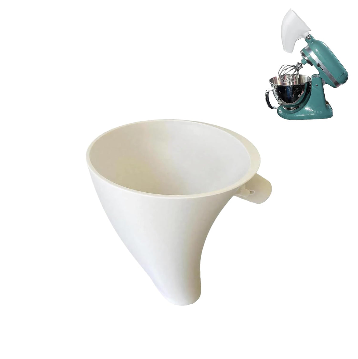Generic flour funnel fits KitchenAid stand mixer securely for mess-free pouring.