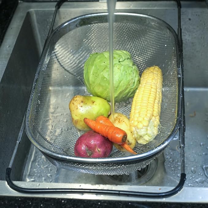 Generic colander doubles as a fruit and vegetable basket on the countertop.