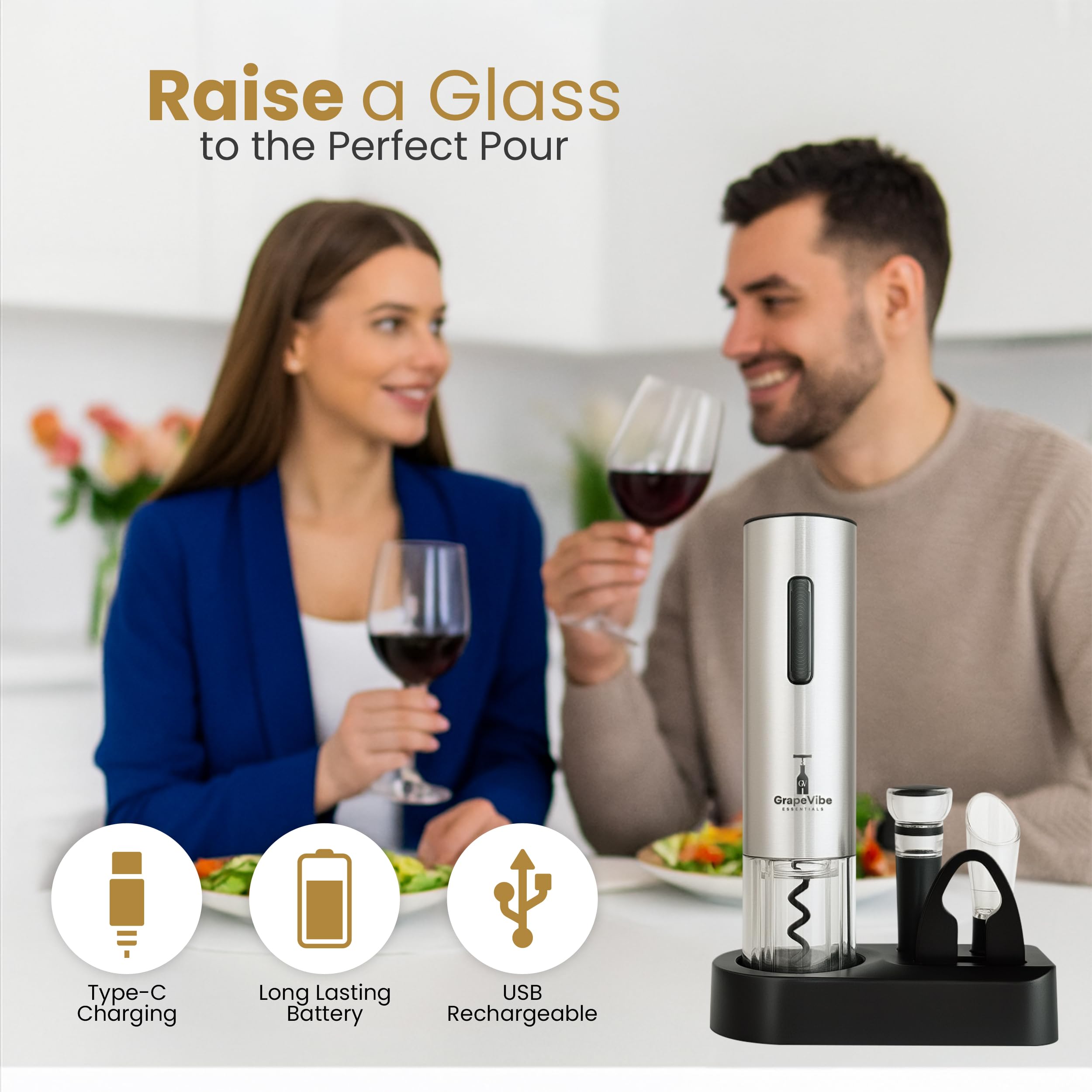 Generic GrapeVibeEssentials vacuum stoppers preserve wine flavor after opening.