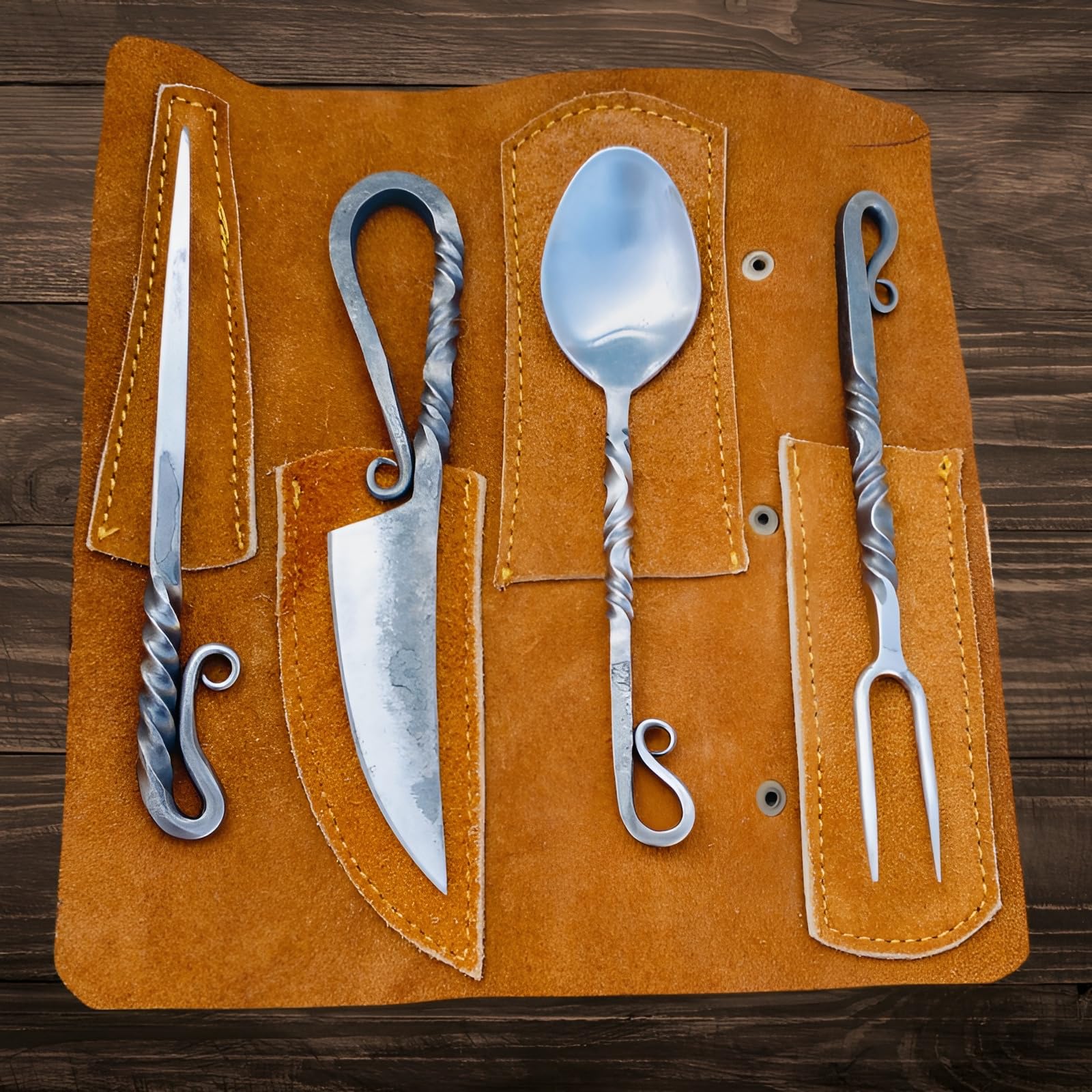 Generic hand forged black silverware knife with leather cover for durable dining.