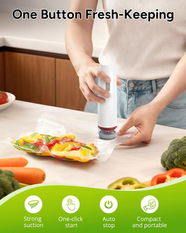 Generic Handheld Vacuum Sealer in action with one-button sealing for snacks.
