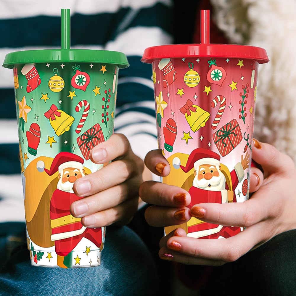 Generic holiday-patterned cups add festive flair to iced coffee and tea.