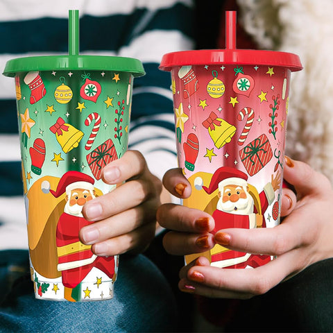 Generic holiday-patterned cups add festive flair to iced coffee and tea.