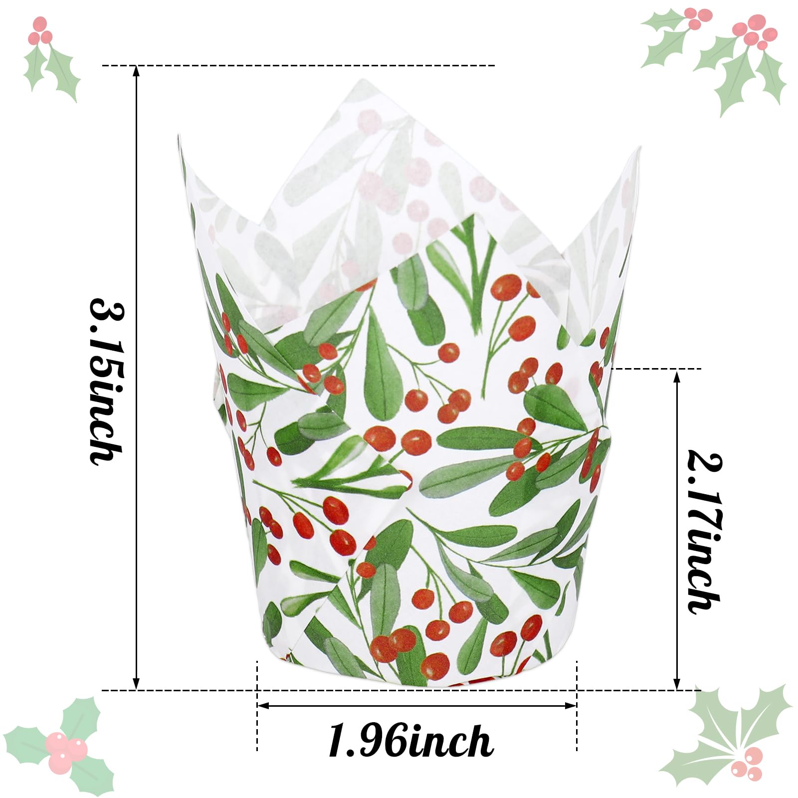 Generic holly leaves and red berries design adds seasonal charm to muffins and cupcakes.