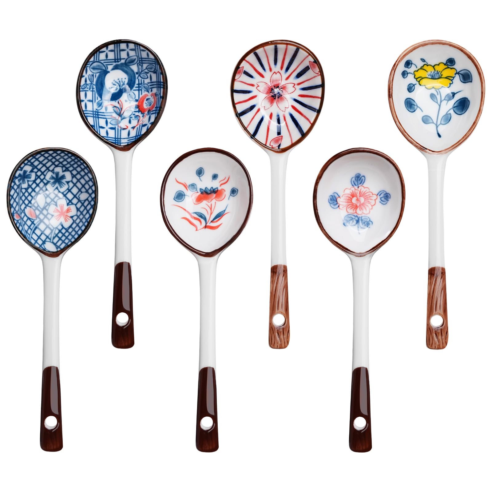 Generic Japanese-style ceramic long-handled spoon with floral design for elegant soup serving