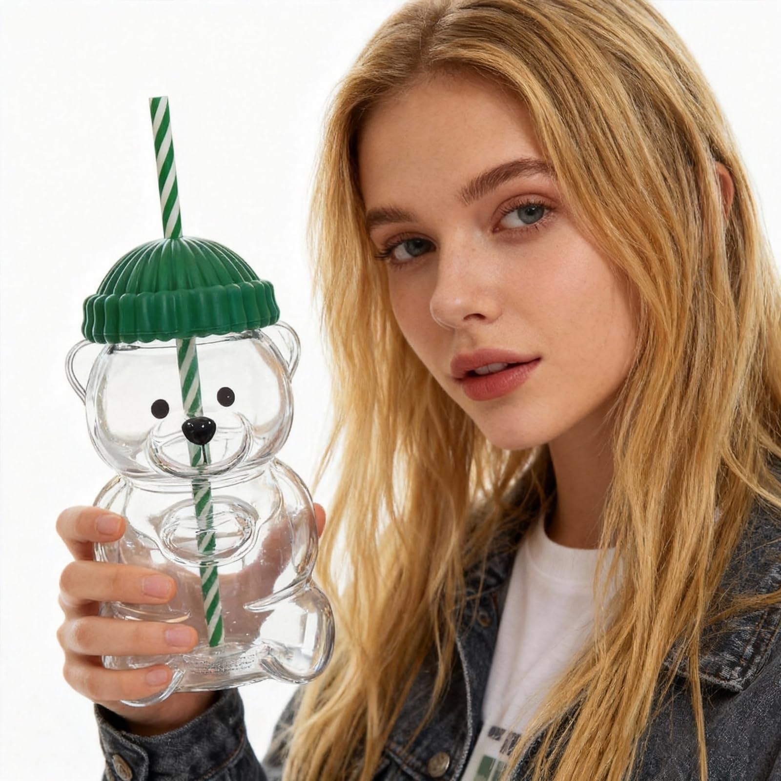 Generic Lid and straw bear cup in use for travel or home.