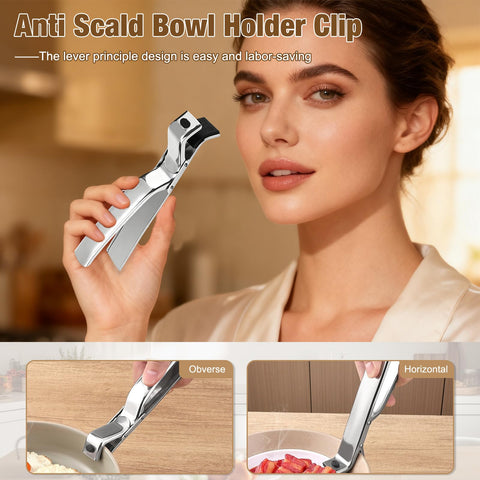 Generic lightweight ergonomic clip designed for one-handed handling of steaming dishes.