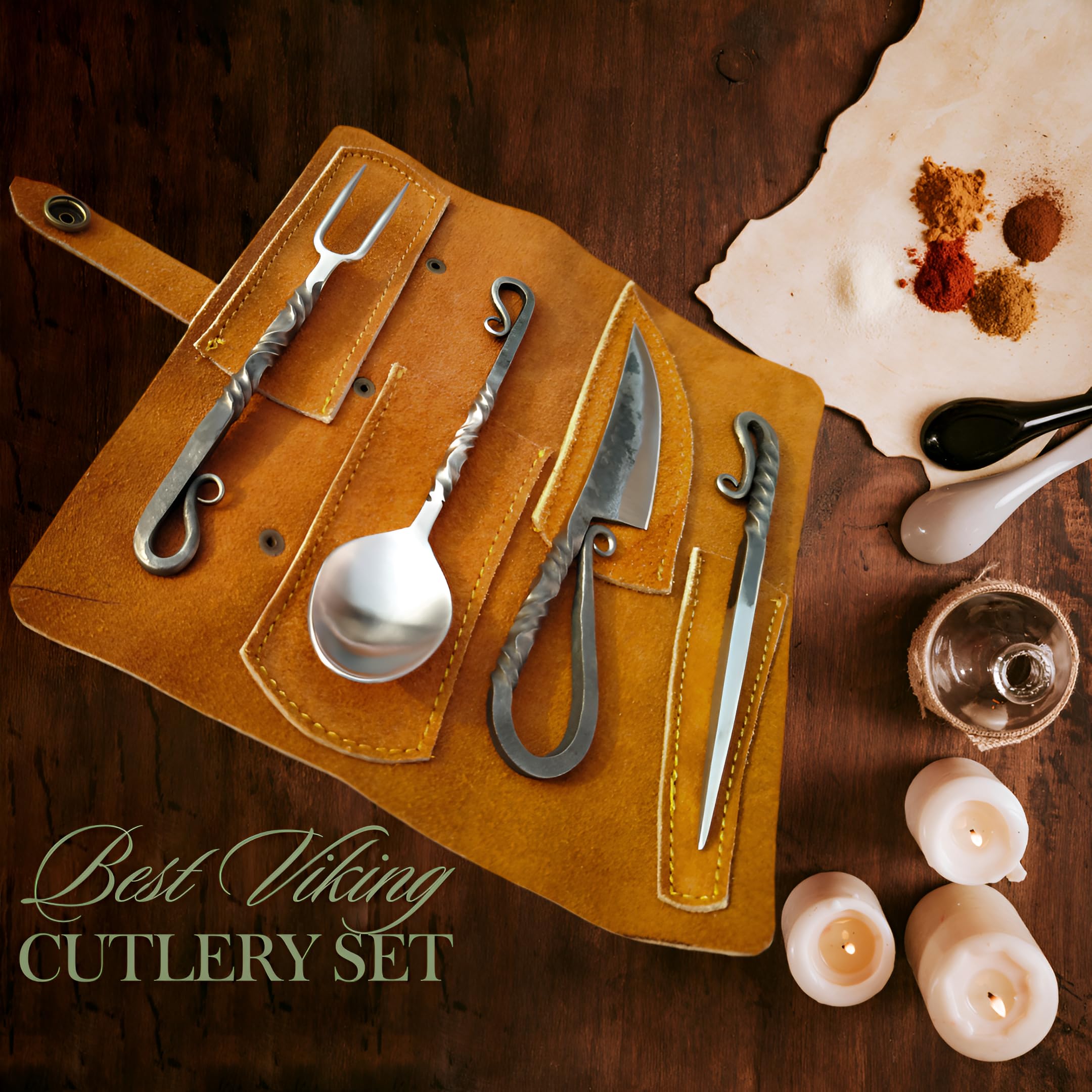 Generic medieval silverware set with leather pouch for easy transport.