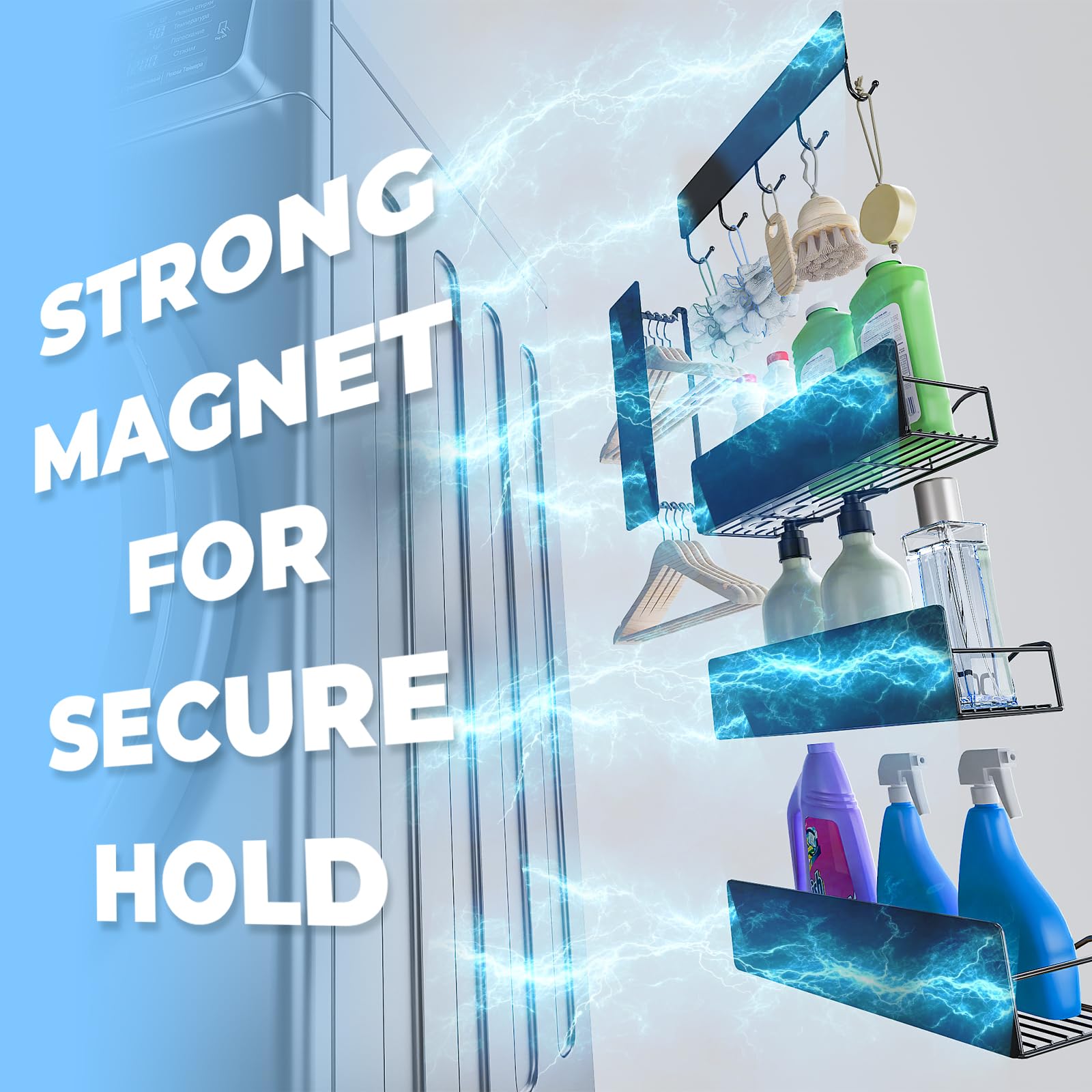 Generic hollow-design shelves organize kitchen and laundry tools with flexible placement.