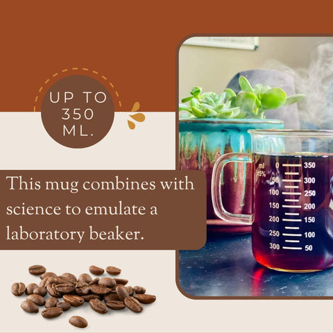 Generic Novelty Science Mug with a beaker design and lipped rim prevents spills during pouring.