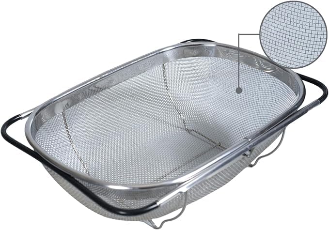 Generic premium stainless-steel colander over the sink with adjustable rubber grip handles for easy rinsing.
