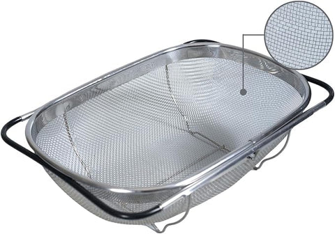 Generic premium stainless-steel colander over the sink with adjustable rubber grip handles for easy rinsing.