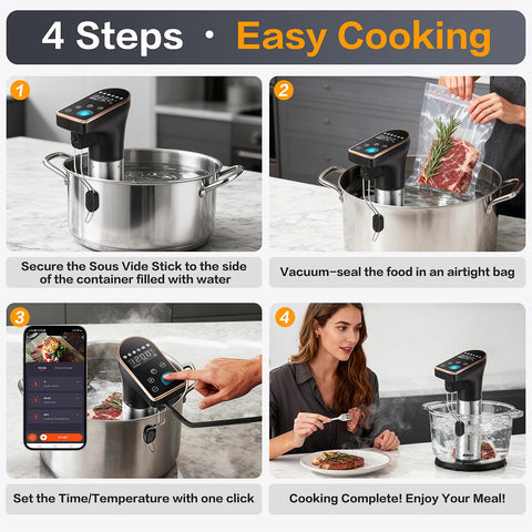 Display shows six presets for steak, salmon, chicken, and more
