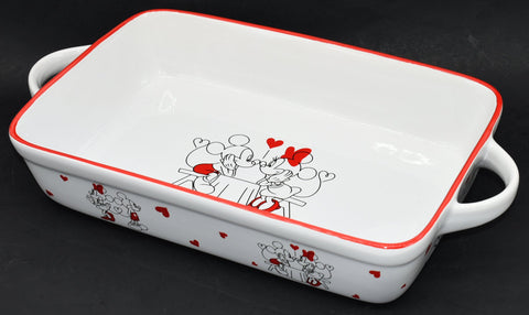 Generic rectangular bake dish with Mickey and Minnie in white and red, ideal for themed baking.