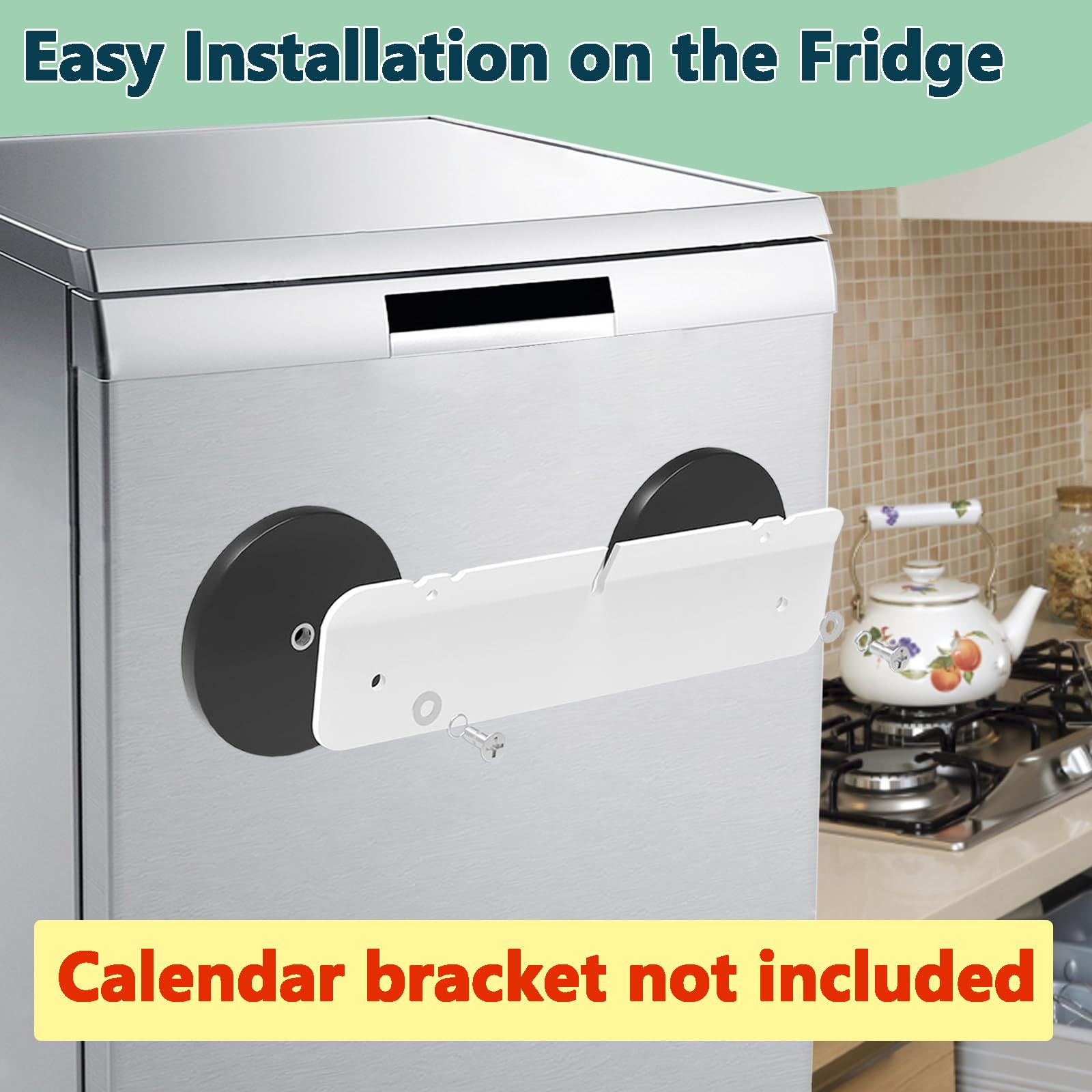 Rubber-coated magnets protect fridge surfaces while the calendar stays attached.