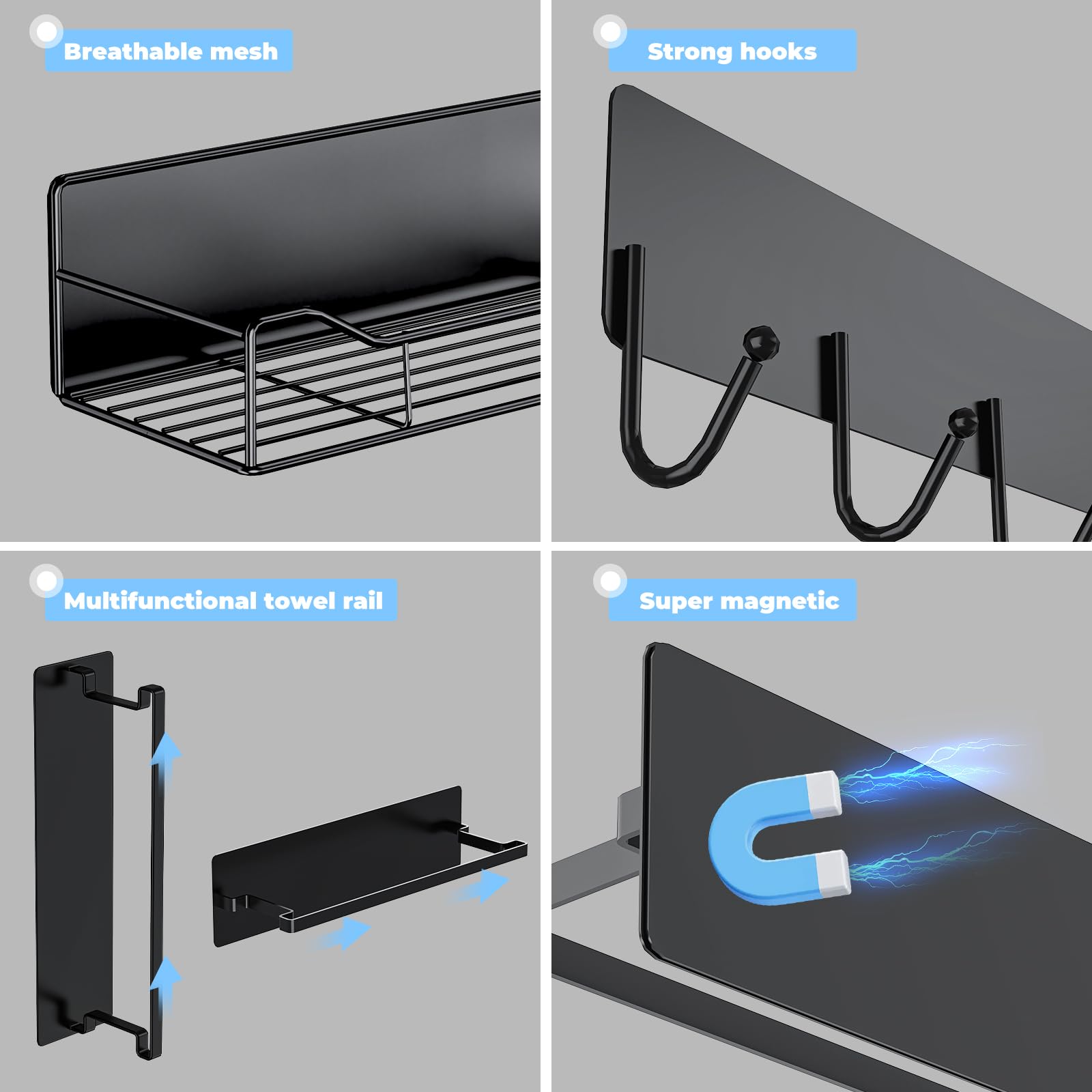 Generic rust-resistant iron wire rack stores detergents and accessories neatly.