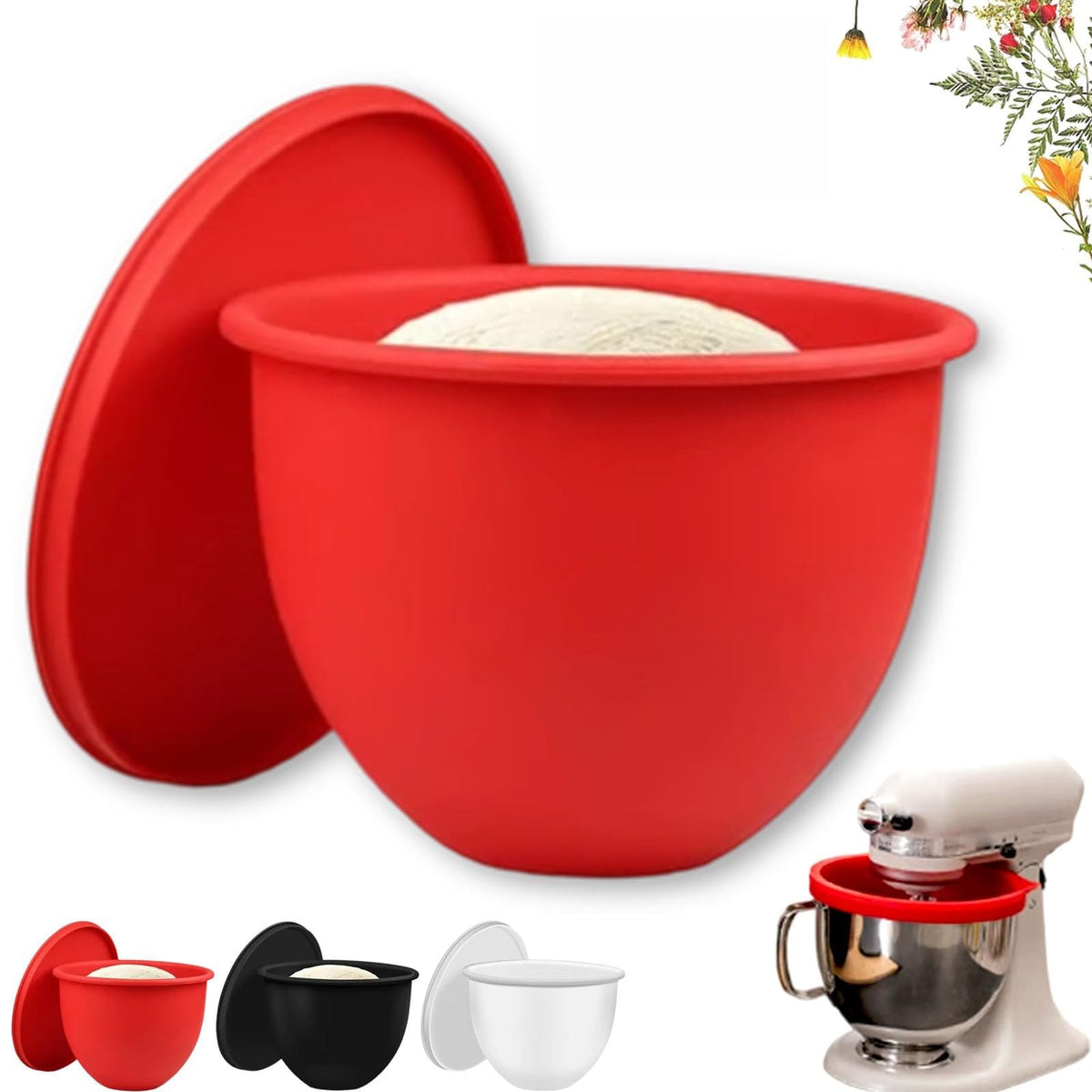Generic silicone bowl liner for 5 Qt KitchenAid in red provides a secure non-slip surface.