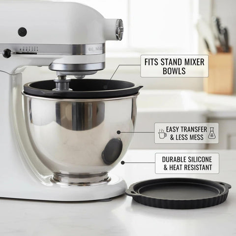 White silicone bowl liner for KitchenAid allows easy cleanup after mixing.