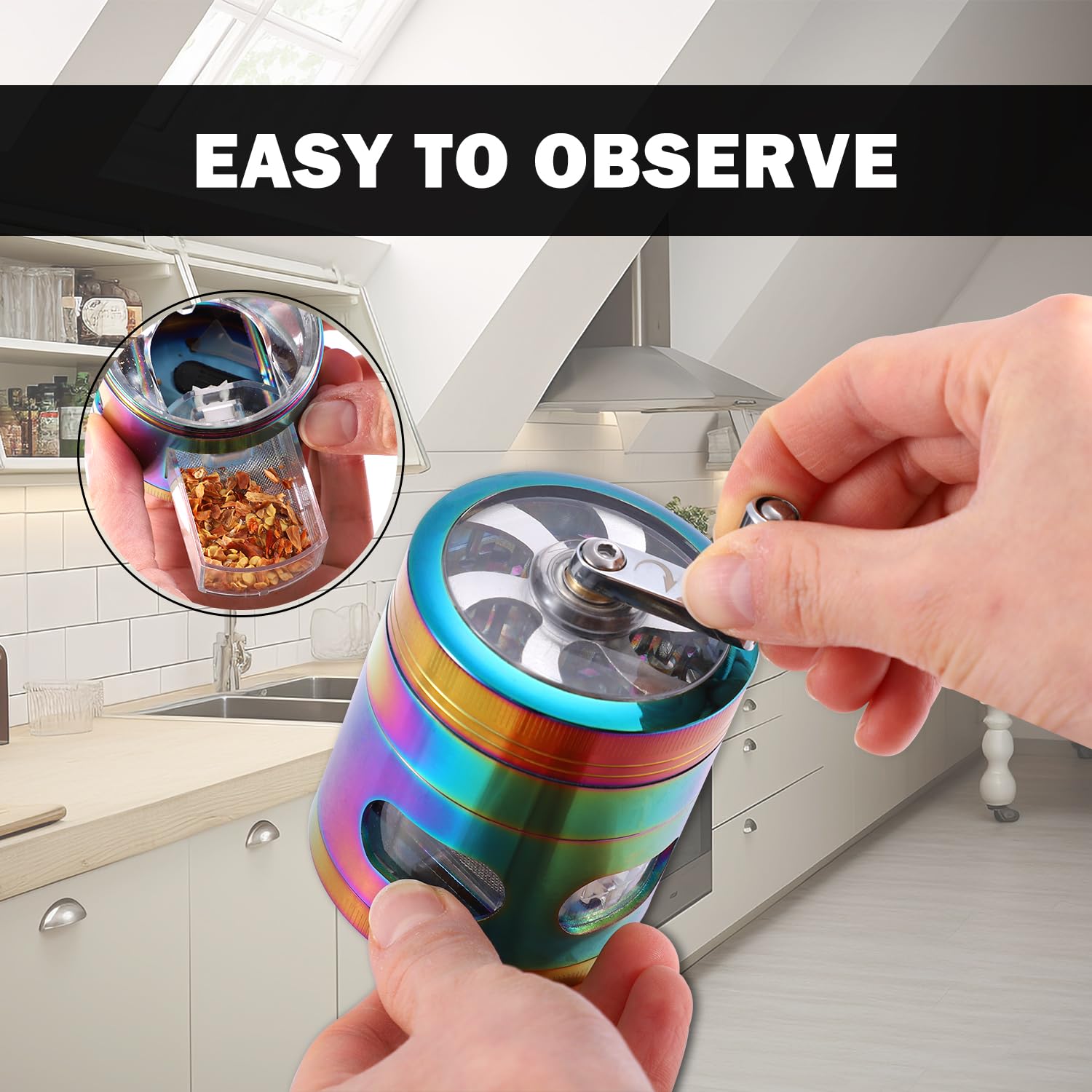 Generic Spice Grinder colorful design seen from top, highlighting durable zinc alloy body for daily use.