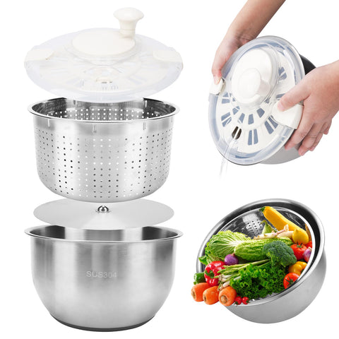 Generic stainless steel salad spinner showing durable construction for quick drying