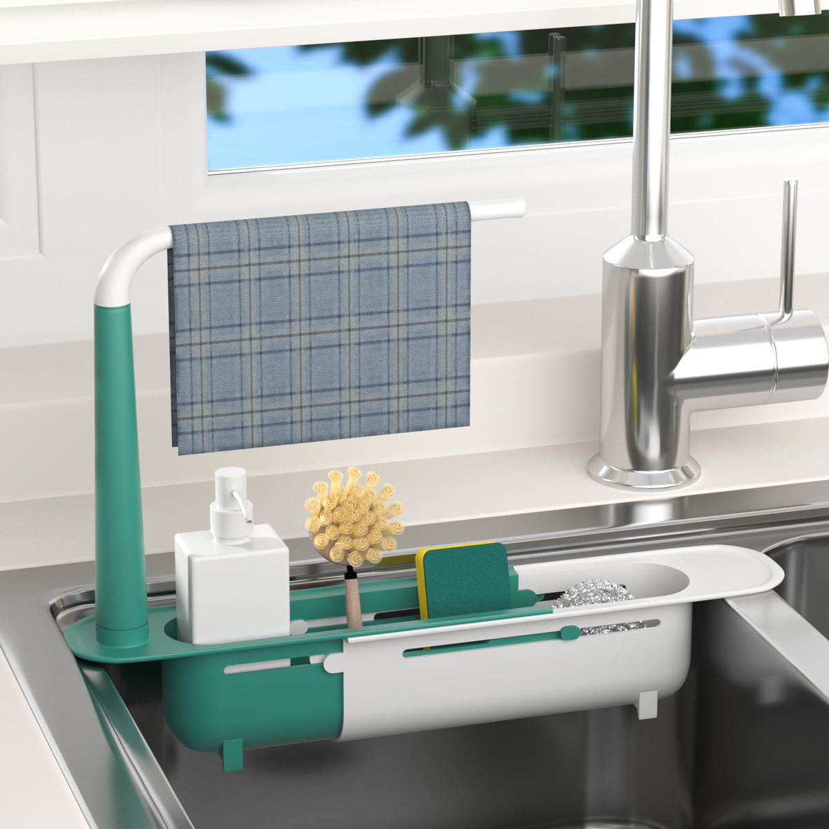Generic telescopic sink storage rack extended for under-sink organization.