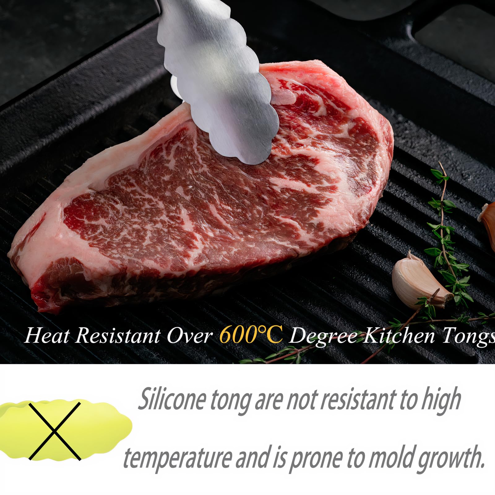 Generic tongs with stainless head and oak handle, 12in for larger portions.