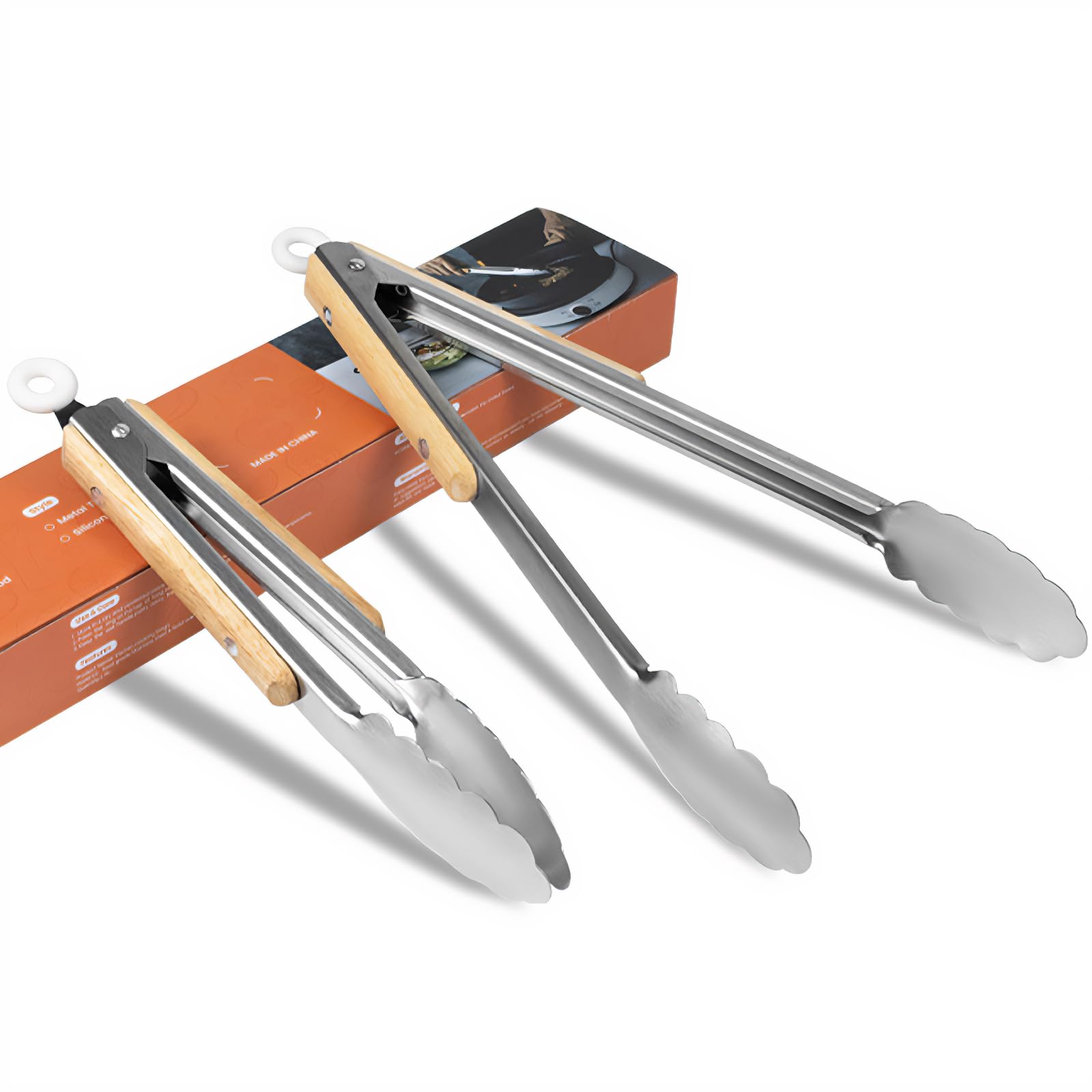 Generic stainless steel tongs with oak handle, 9in, perfect for grilling and serving.