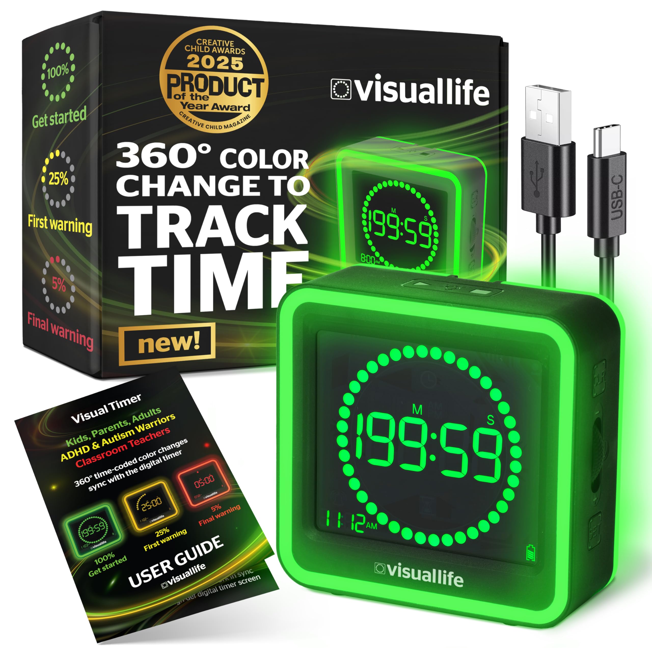Generic Visual Timer with green glow anchors focus for home and school use