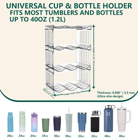 Generic Water Bottle Organizer holds 40oz Stanley bottles securely with anti-roll side prongs.