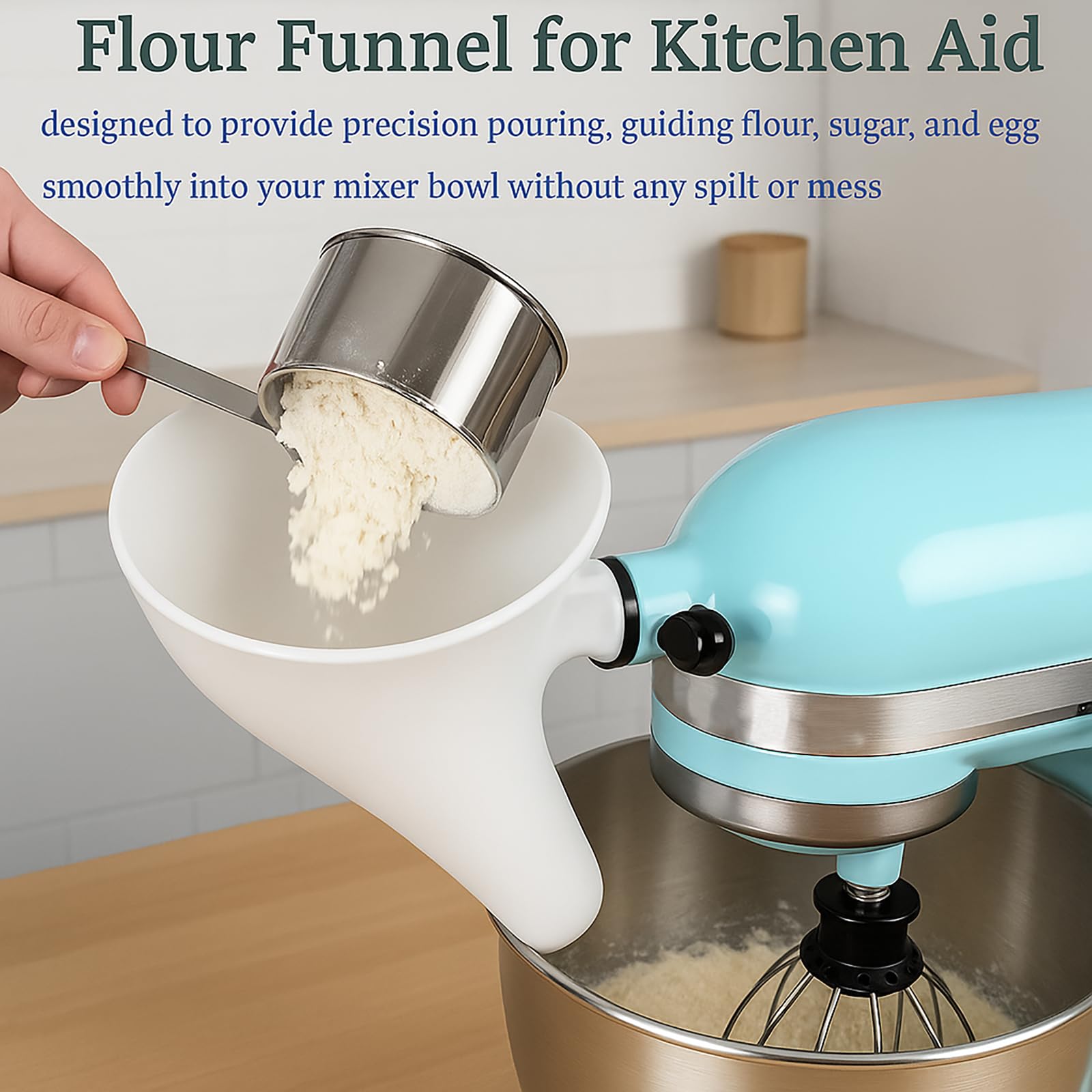 Wide-mouth guided-spout design aids confident flour or sugar pouring.