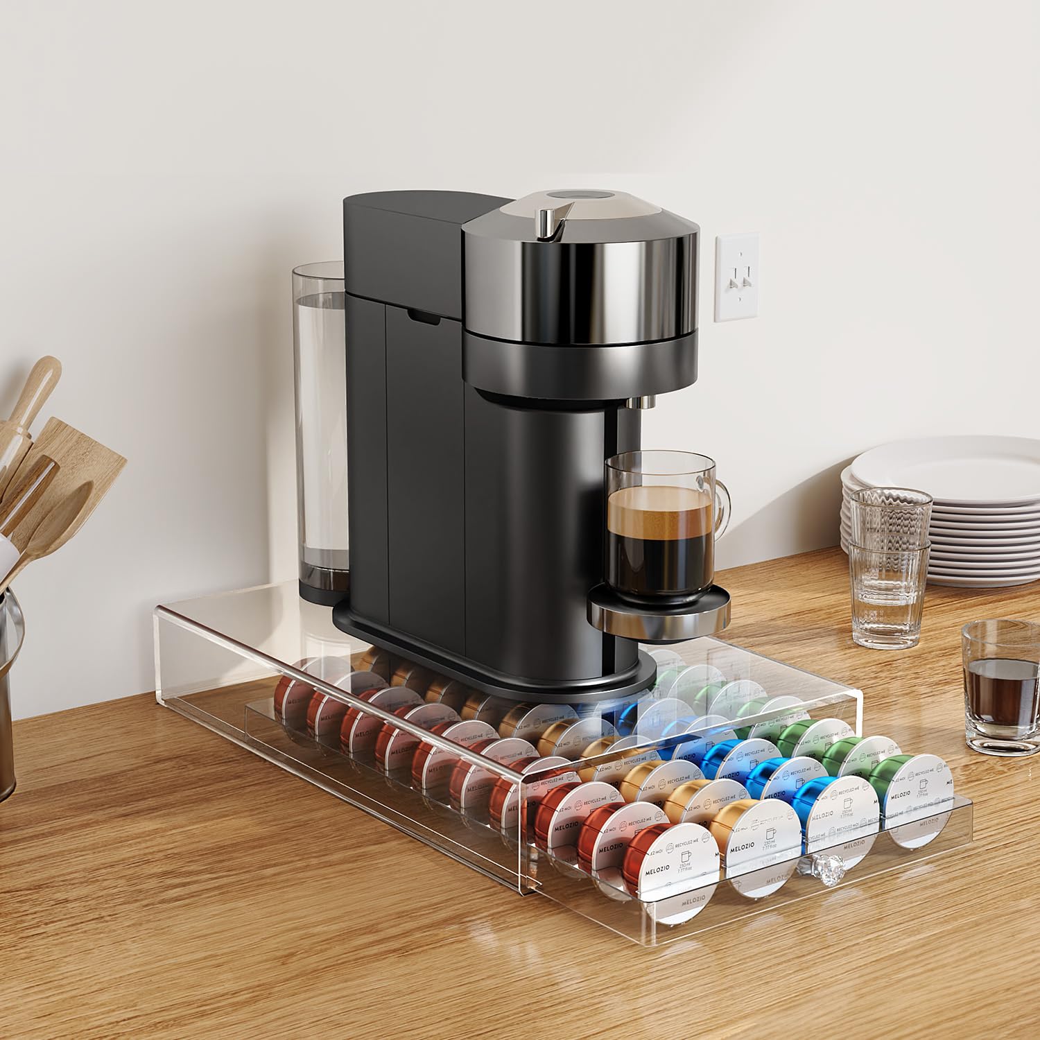 Genew coffee pods holder with drawer open, showcasing easy access to capsules.