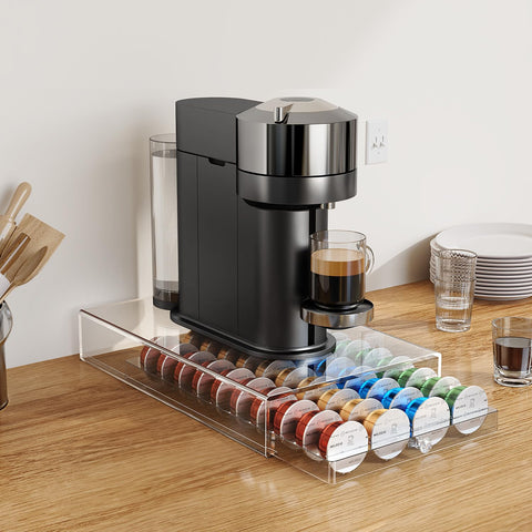 Genew coffee pods holder with drawer open, showcasing easy access to capsules.
