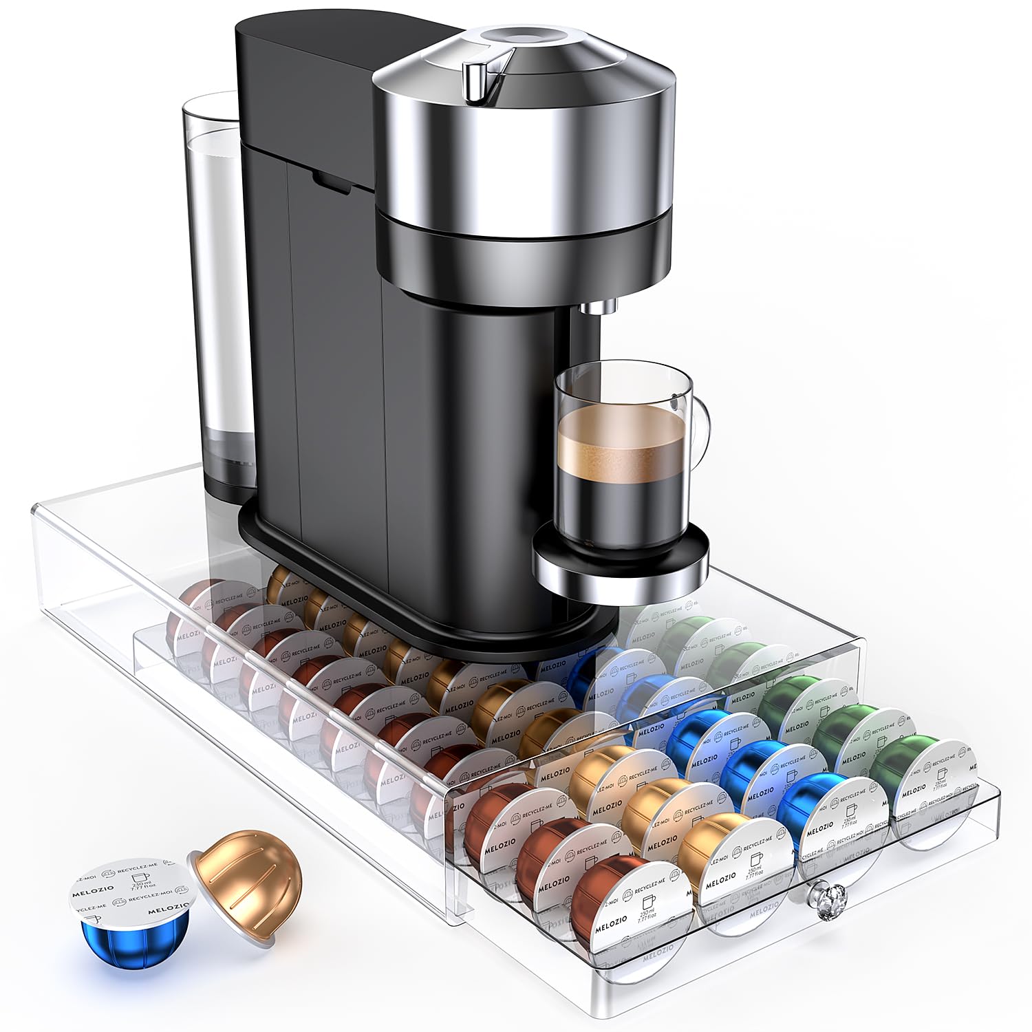 Genew coffee pods holder front view enabling quick-view capsule details at a glance.