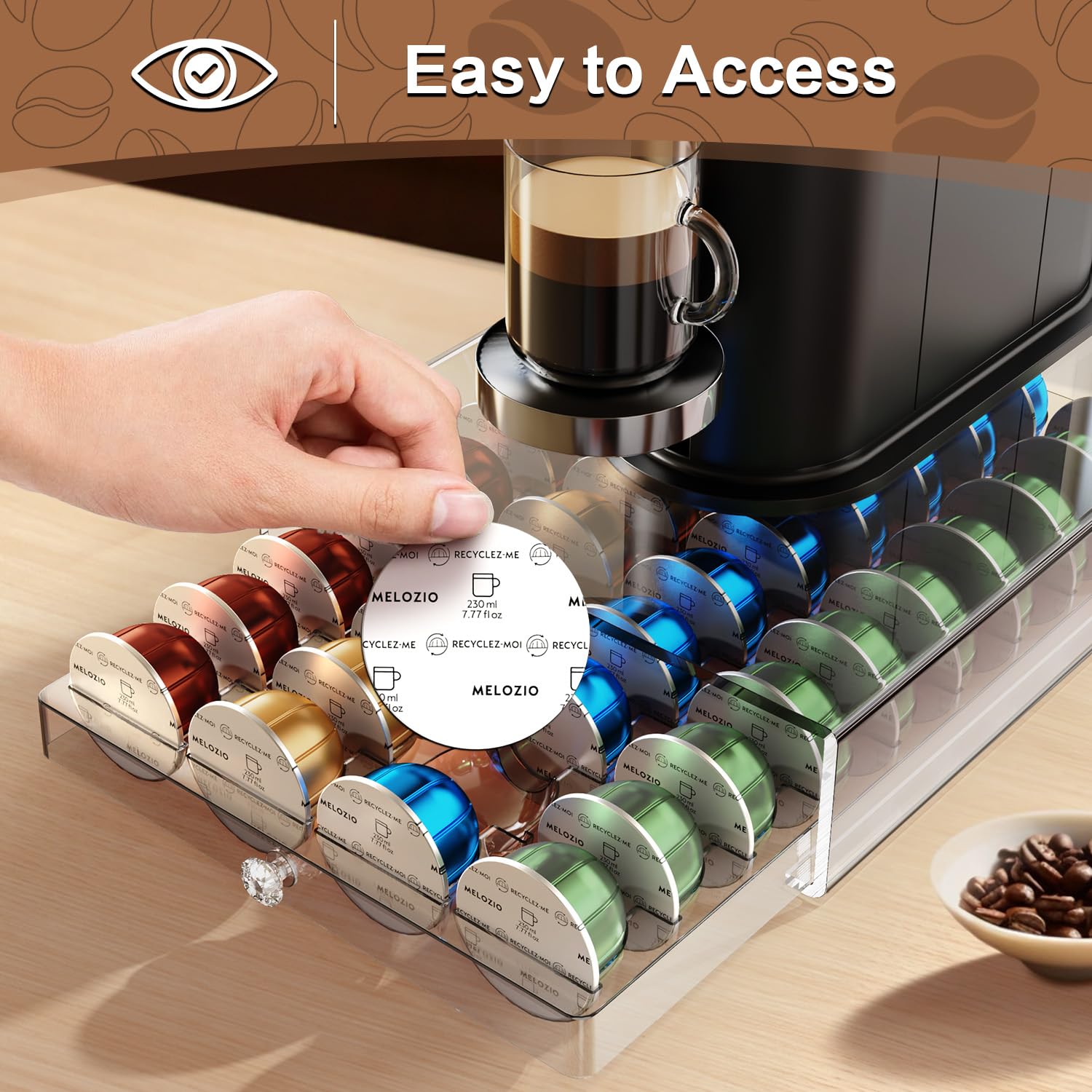 Genew coffee pods holder side view highlighting compact footprint for deskside setups.