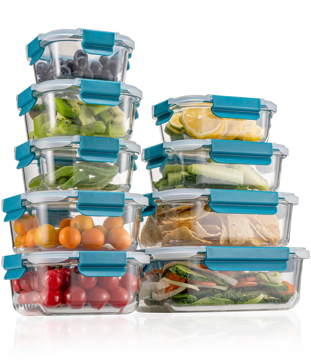 GENICook 9-pack glass containers with airtight lids for meal prep and freshness.