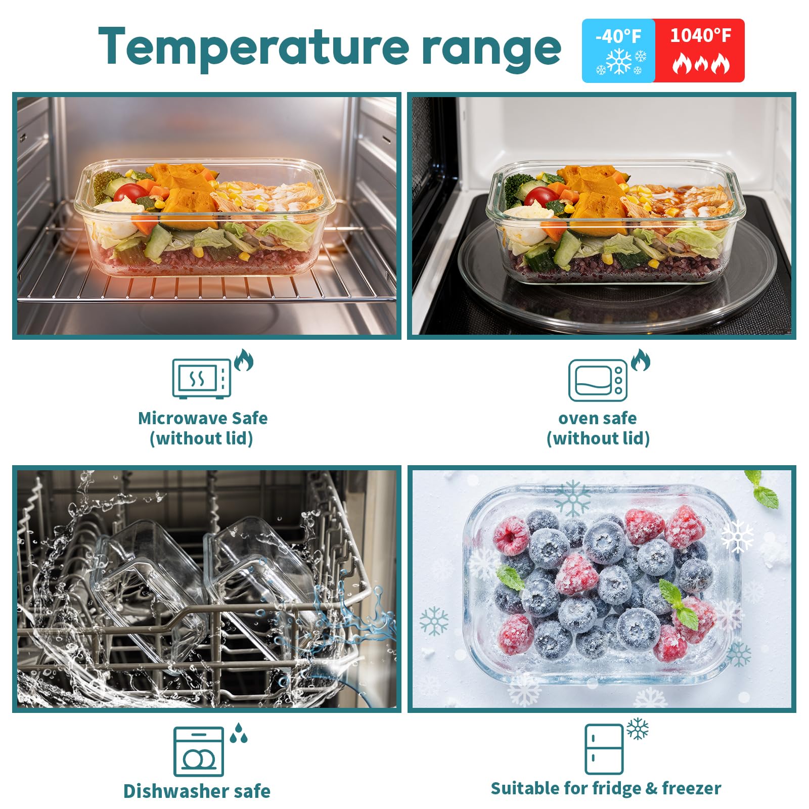 GENICOOK containers tolerate freezer to oven use with lids removed for reheating.