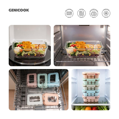 GENICOOK glass containers suitable for oven, freezer, and versatile meal prep.