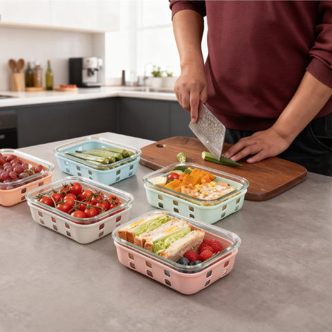 GENICOOK stackable glass containers saving fridge space and organization.