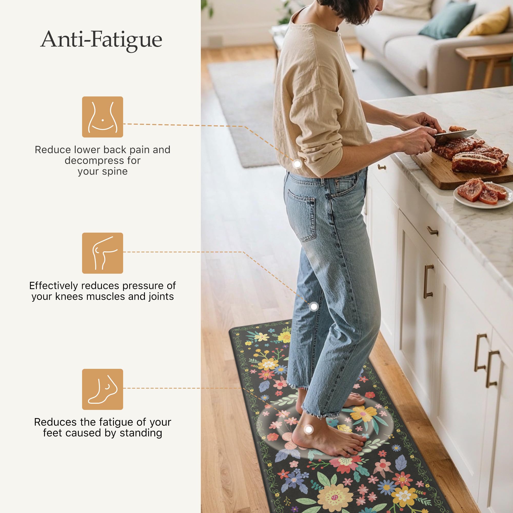 GENIMO non-slip base keeps mats secure on slick kitchen floors.