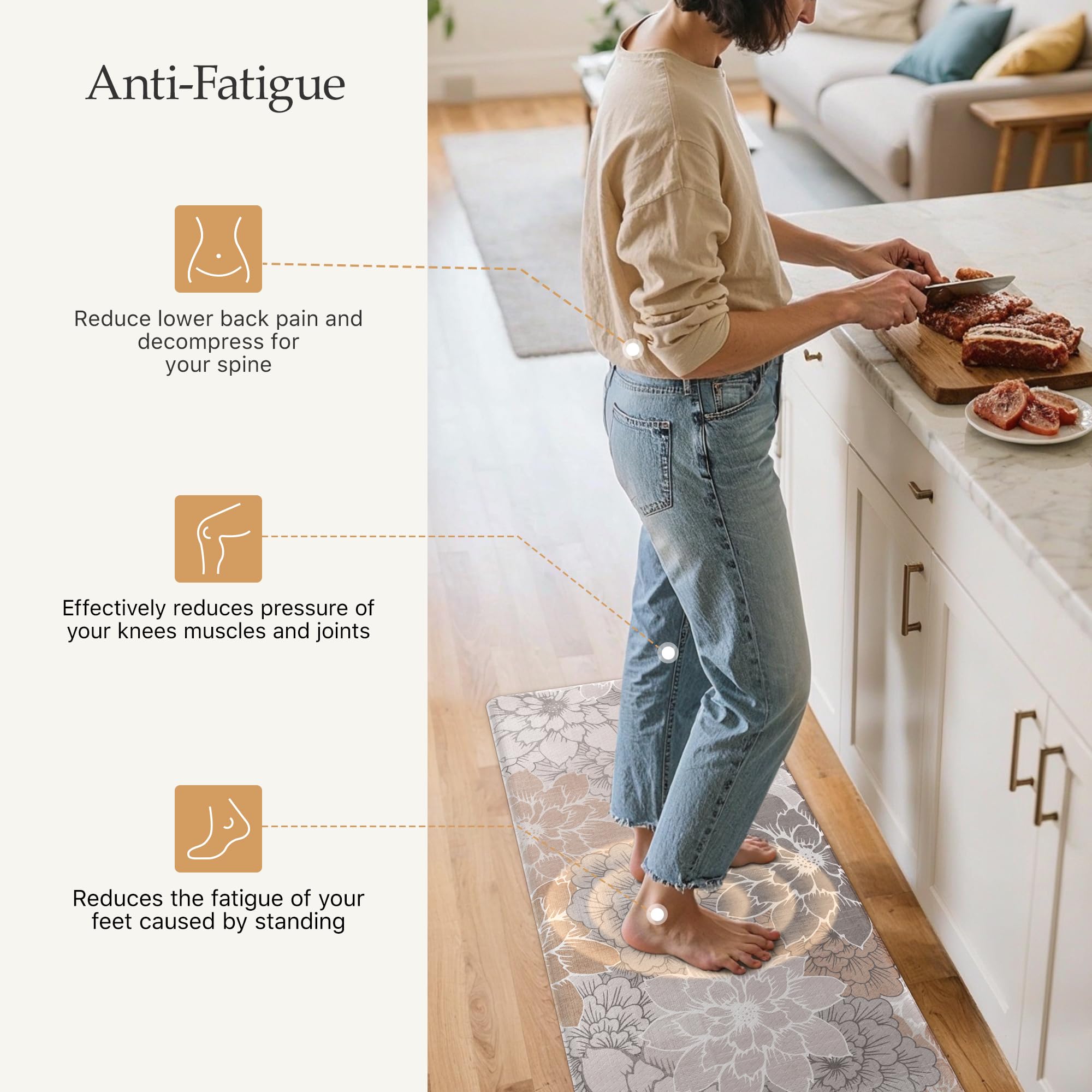 GENIMO mat features memory foam for cushioned, anti-fatigue comfort.