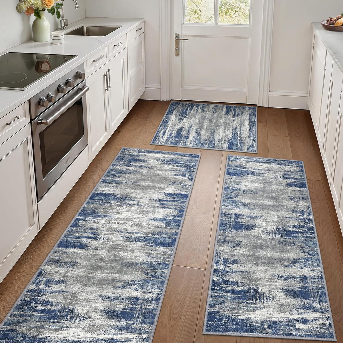 GenIMO kitchen rugs 3pc abstract blue ivory protect floors from spills and stains.