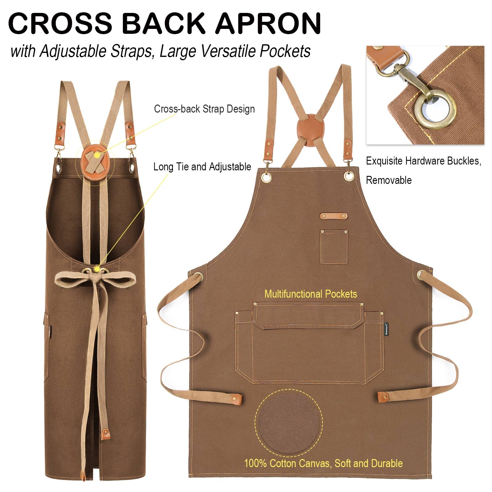 Genixart brown canvas apron highlights durable cotton fabric.