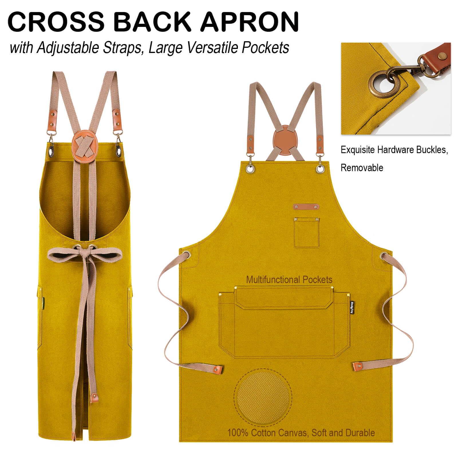Adjustable cross-back straps on Genixart apron reduce neck strain for a comfortable fit.