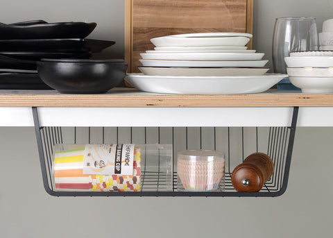 GENIYA under-shelf basket kitchen organizer providing compact storage.
