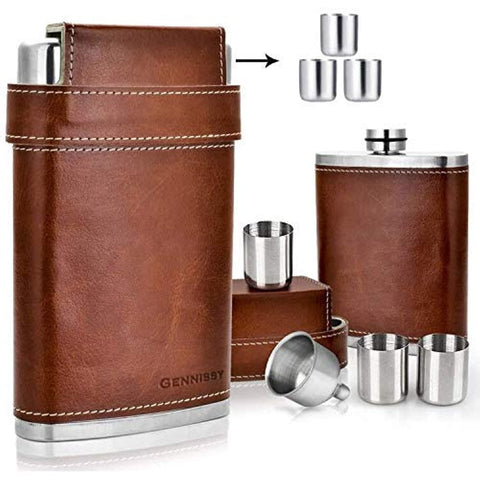 GENNISSY 8oz hip flask with leather wrap provides secure grip and classic style