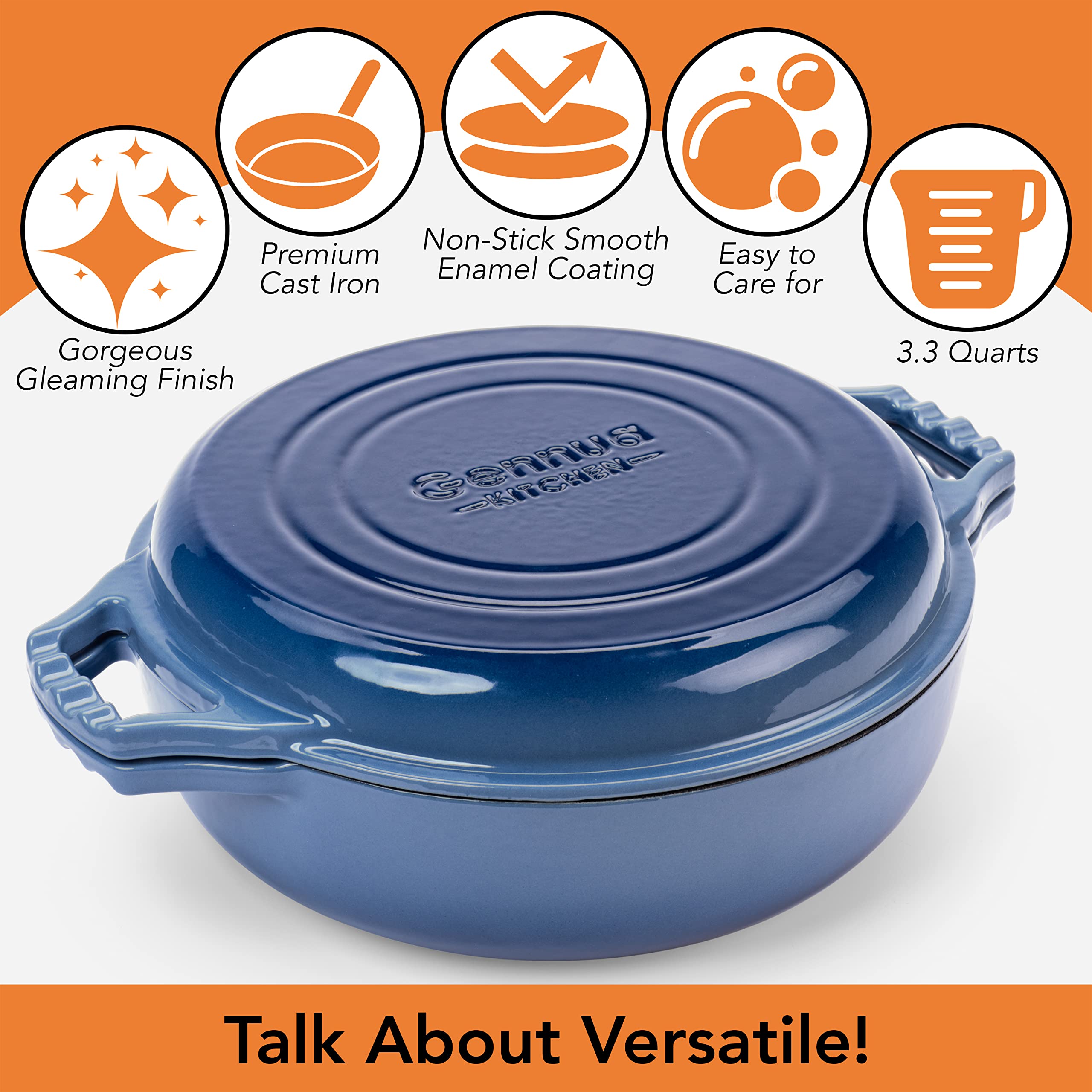 Gennua 3.3qt cast iron Dutch oven ideal for braising and roasting.